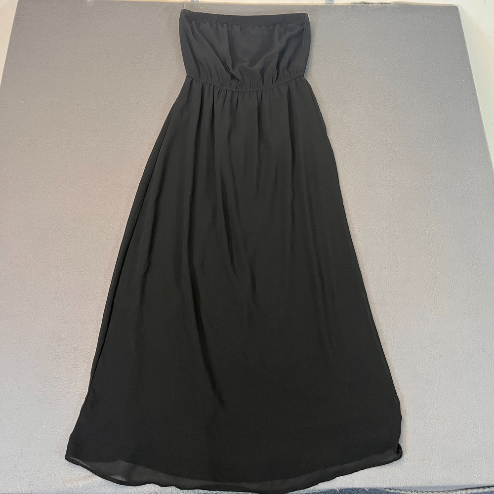 Forever 21 Strapless Maxi Dress Women Sm Black Gathered Bodice Flow Pullover 44"